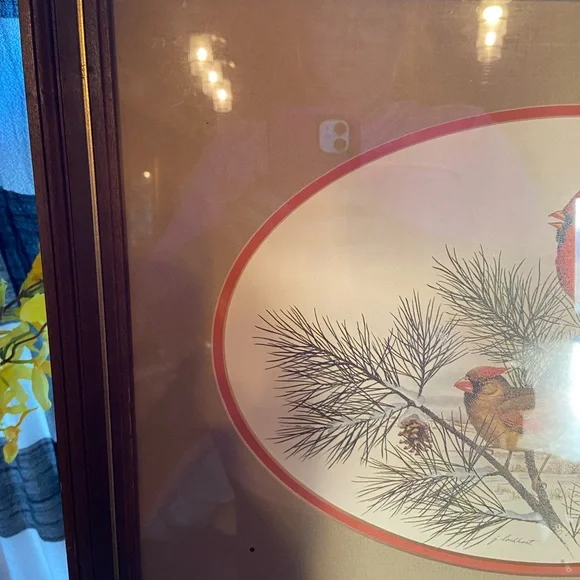 Vintage J Lockhart cardinal bird framed art, winter, Christmas decor